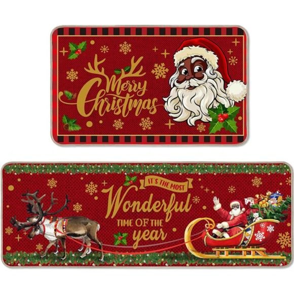 African American Santa, 2 Pcs Black Santa Kitchen Rugs, 17 x 29 & 17 x 47" - Picture 1 of 7